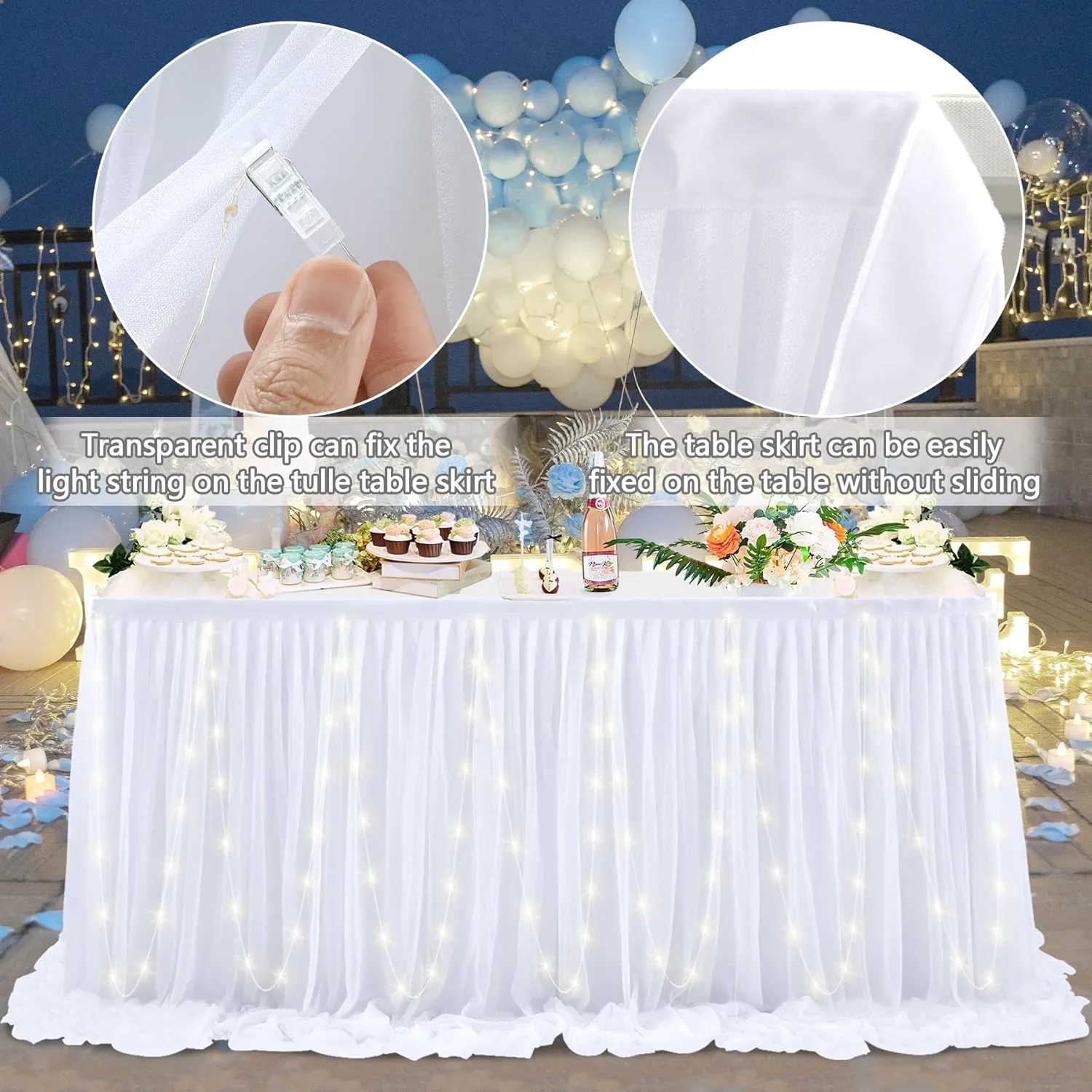 6ft White Tulle Table Skirt with Led Lights for Wedding Birthday Party Baby Shower White Ruffle Tutu Table Cloth for Rectangle Tables or Round Tables for Cake Dessert Buffet Banquet Table Decorations
