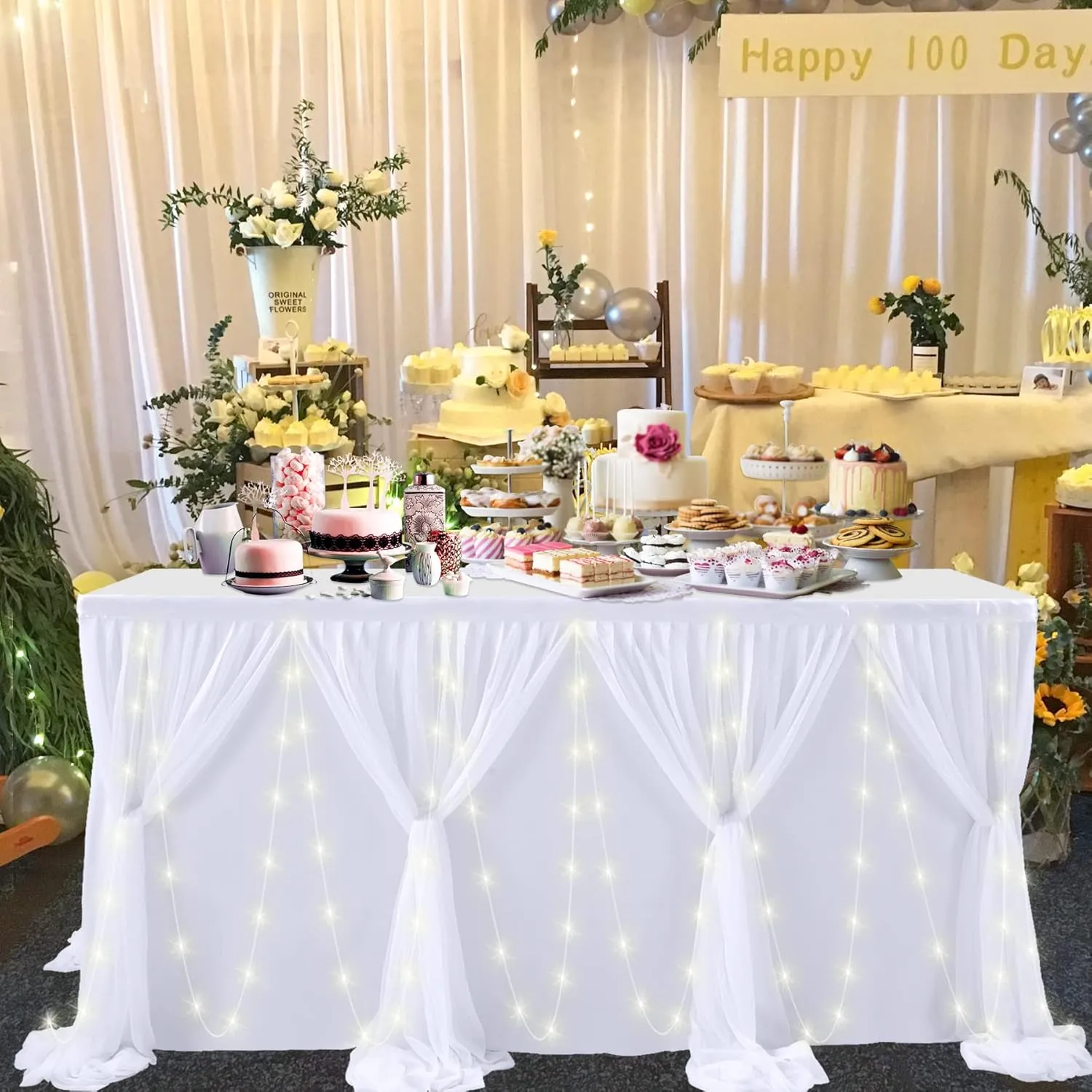 6ft White Tulle Table Skirt with Led Lights for Wedding Birthday Party Baby Shower White Ruffle Tutu Table Cloth for Rectangle Tables or Round Tables for Cake Dessert Buffet Banquet Table Decorations