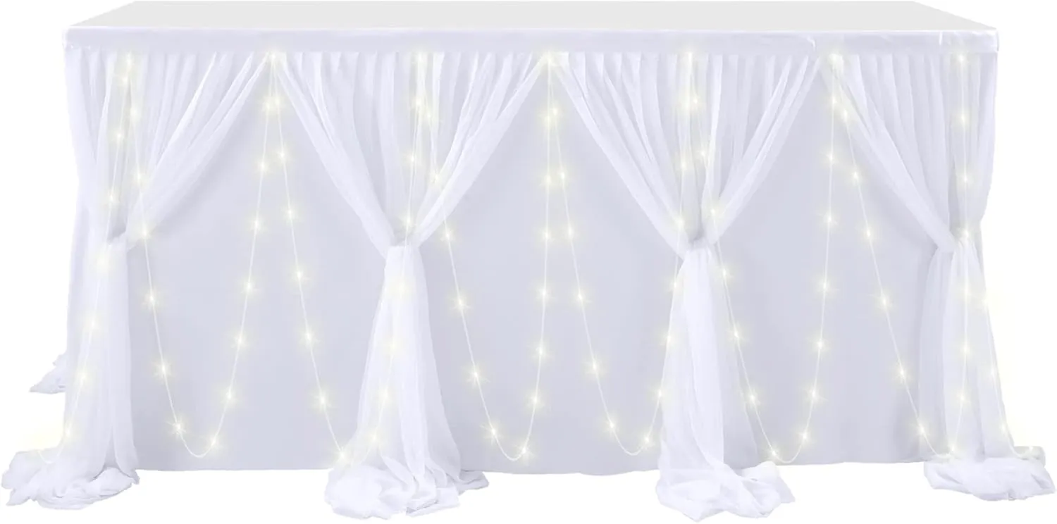 6ft White Tulle Table Skirt with Led Lights for Wedding Birthday Party Baby Shower White Ruffle Tutu Table Cloth for Rectangle Tables or Round Tables for Cake Dessert Buffet Banquet Table Decorations