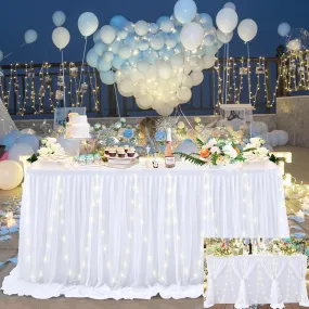 6ft White Tulle Table Skirt with Led Lights for Wedding Birthday Party Baby Shower White Ruffle Tutu Table Cloth for Rectangle Tables or Round Tables for Cake Dessert Buffet Banquet Table Decorations