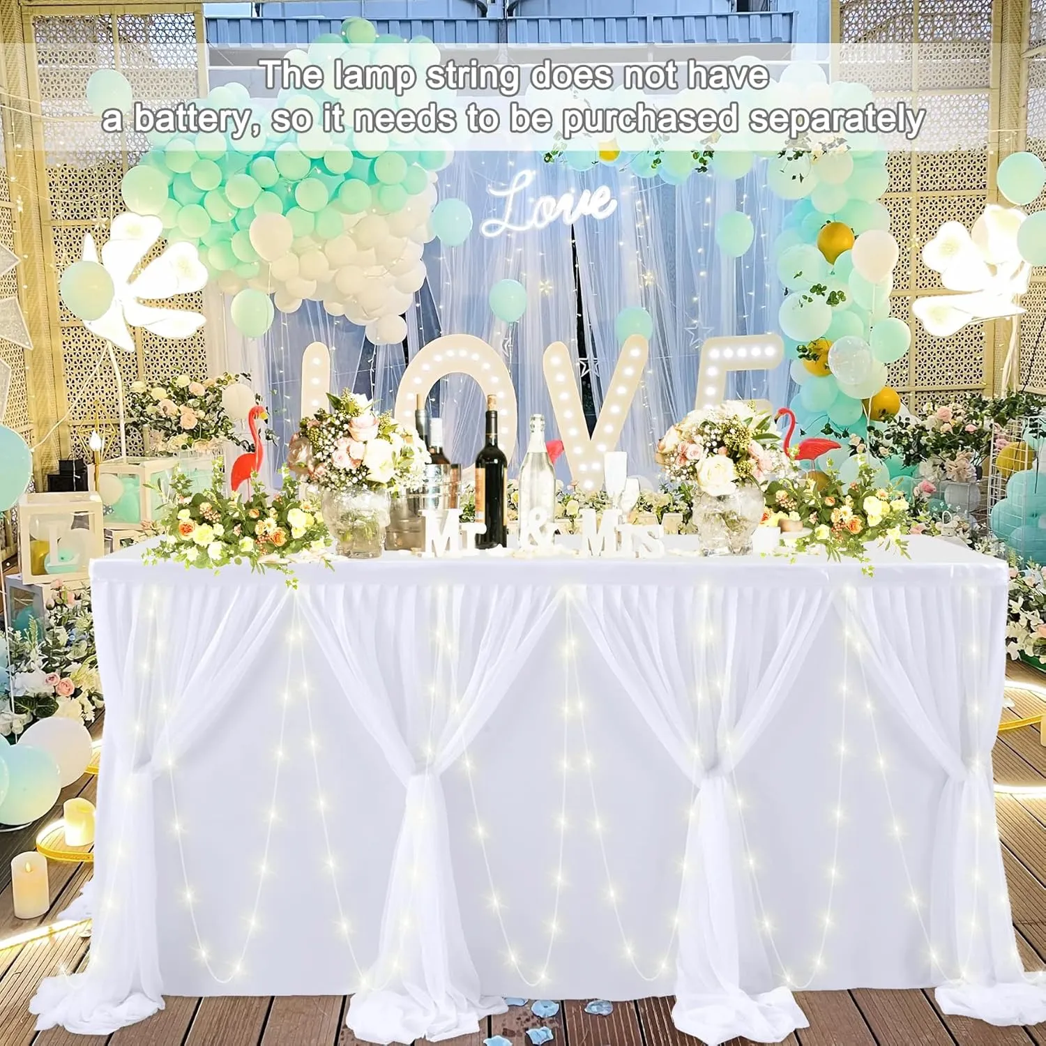 6ft White Tulle Table Skirt with Led Lights for Wedding Birthday Party Baby Shower White Ruffle Tutu Table Cloth for Rectangle Tables or Round Tables for Cake Dessert Buffet Banquet Table Decorations
