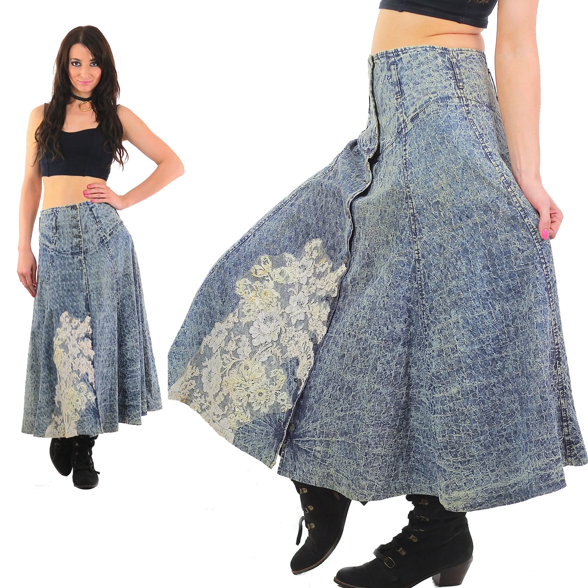 80s Acid wash skirt High waist Button up Circle skirt