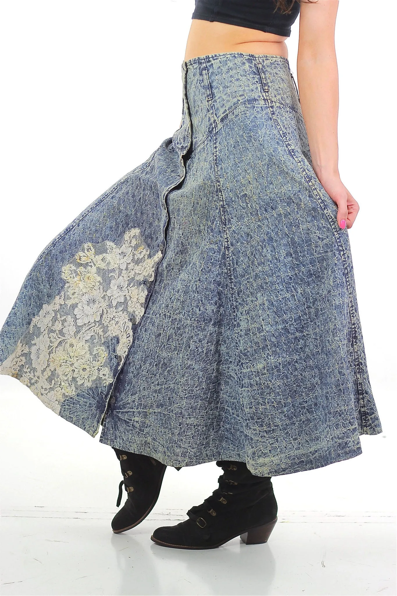80s Acid wash skirt High waist Button up Circle skirt