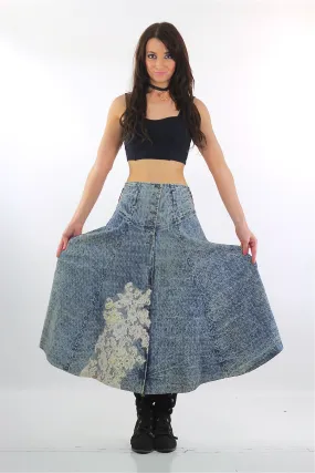 80s Acid wash skirt High waist Button up Circle skirt