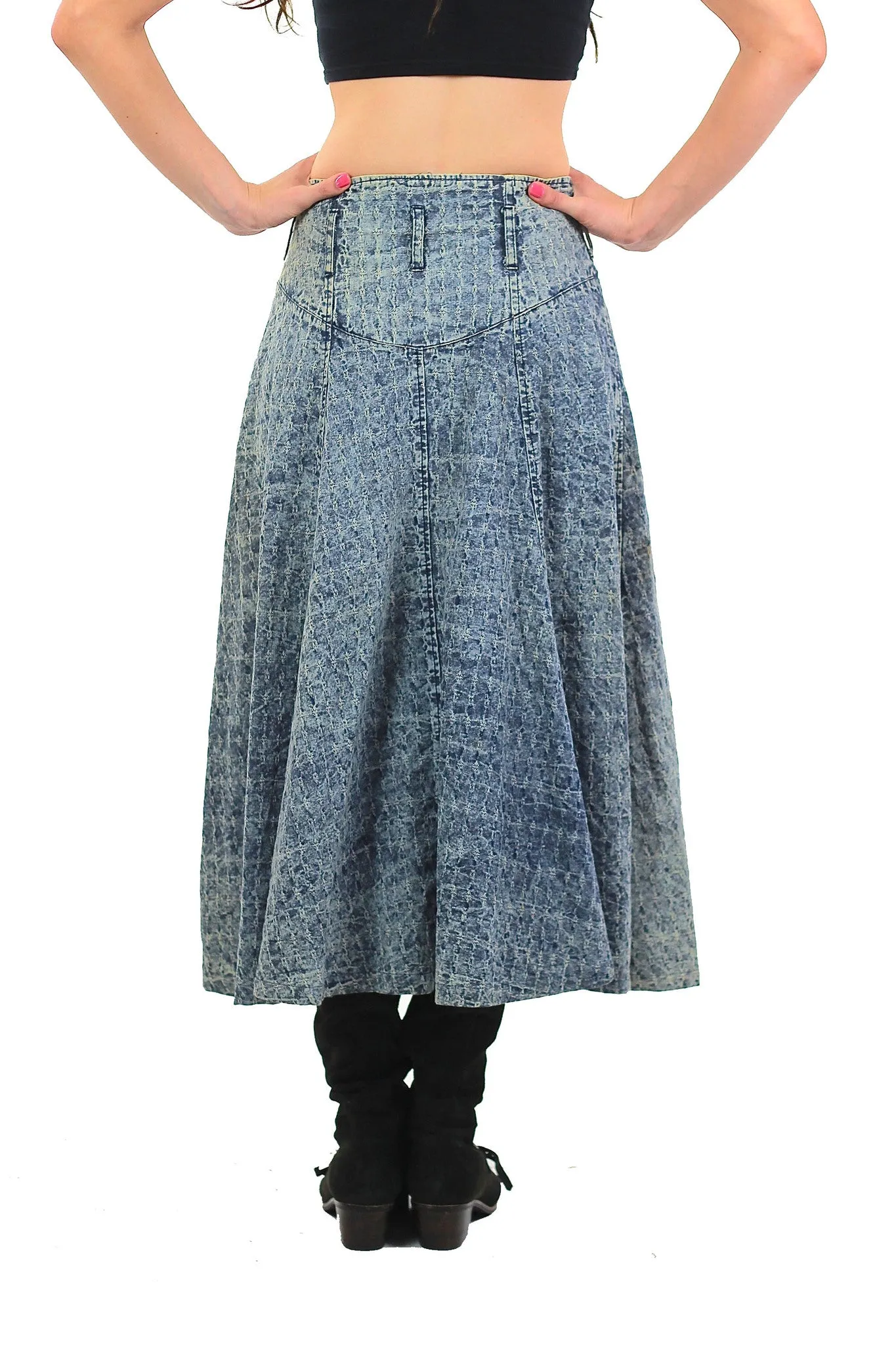 80s Acid wash skirt High waist Button up Circle skirt