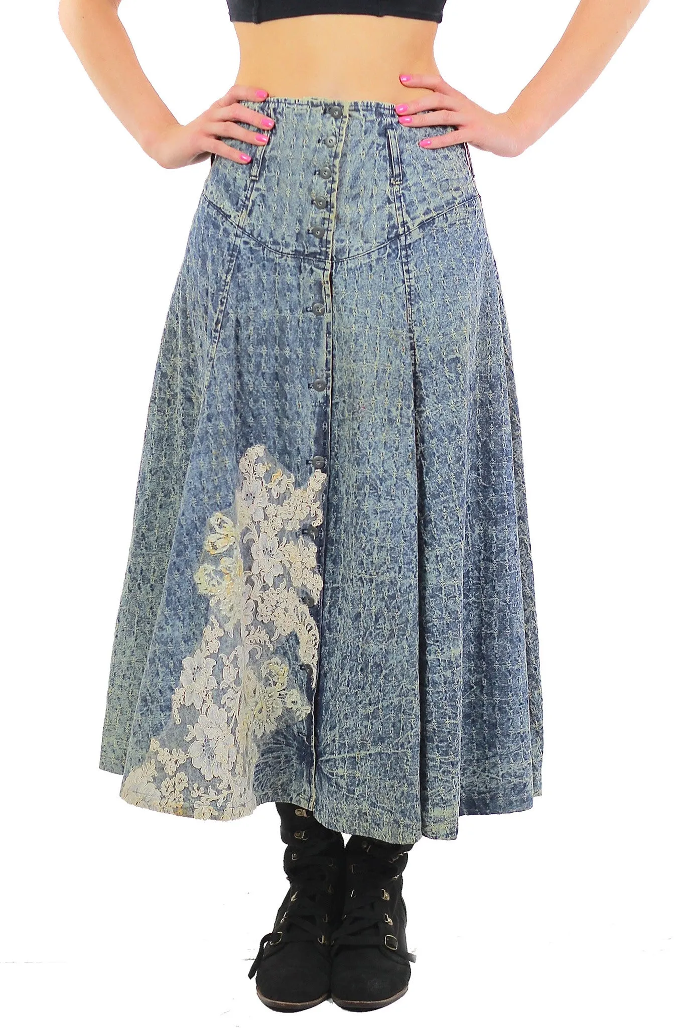 80s Acid wash skirt High waist Button up Circle skirt