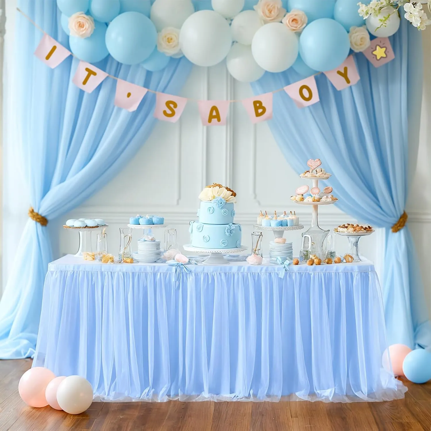 Baby Blue Table Skirt for Baby Shower Boy 6ft Light Blue Tulle Tutu Table Cloth for Elephant Birthday Party Ocean Baby Shark Gender Reveal Cake Table Decorations