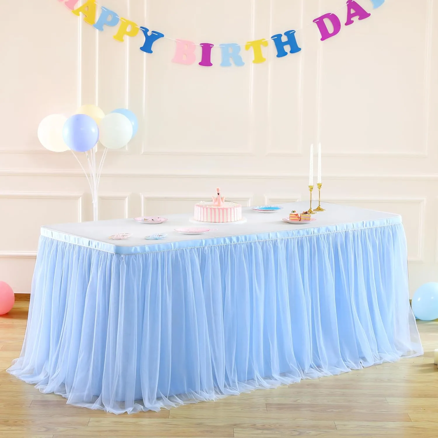 Baby Blue Table Skirt for Baby Shower Boy 6ft Light Blue Tulle Tutu Table Cloth for Elephant Birthday Party Ocean Baby Shark Gender Reveal Cake Table Decorations