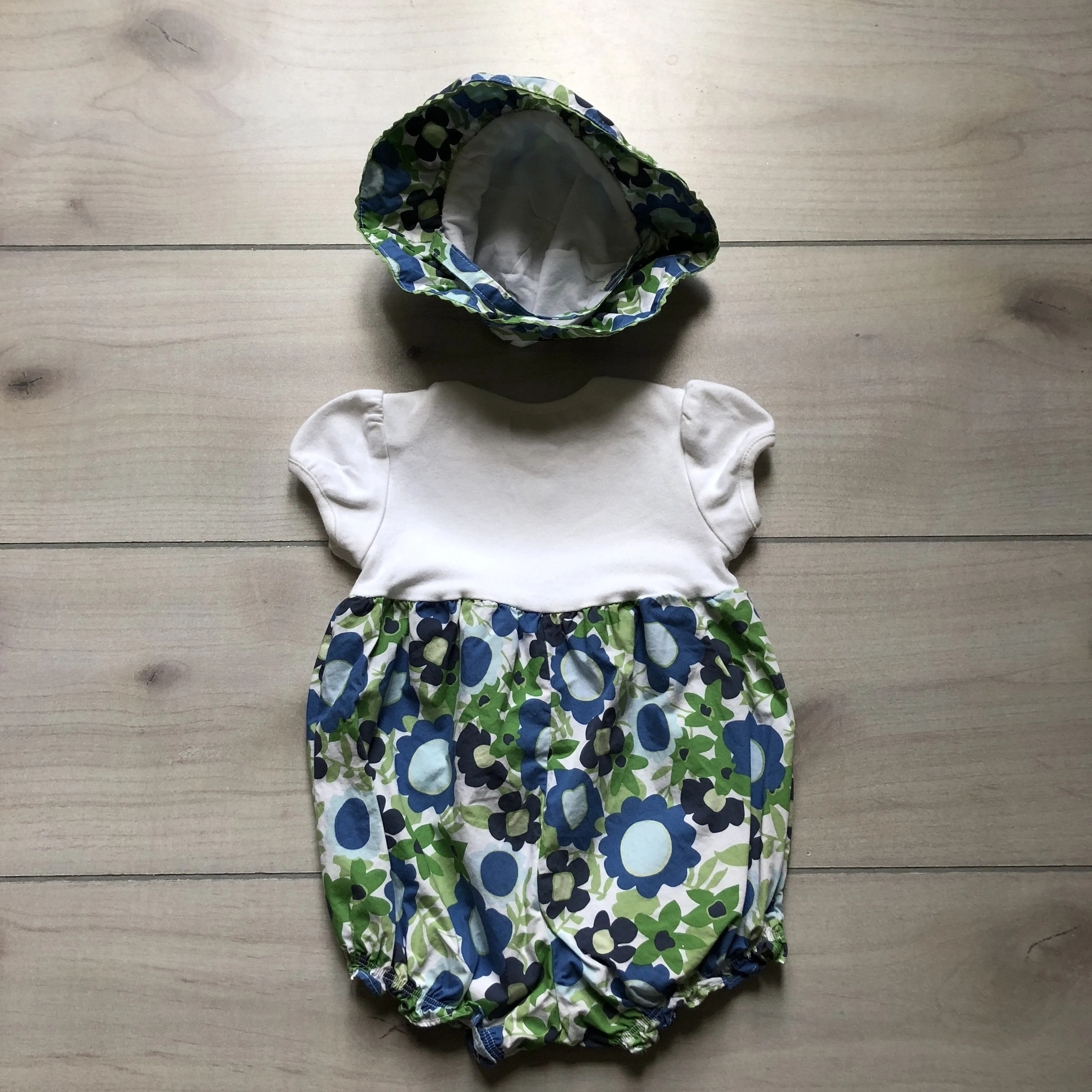 Baby Gap Blue Floral Bubble Romper & Hat
