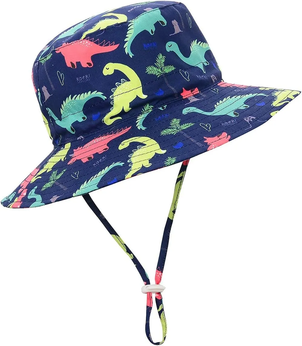 Baby Sun Hat UPF 50  Sun Protective Toddler Bucket Hat Summer Kids Beach Hats Wide Brim Outdoor Play Hat for Boys Girls Navy Dinosaur 6-12 Months