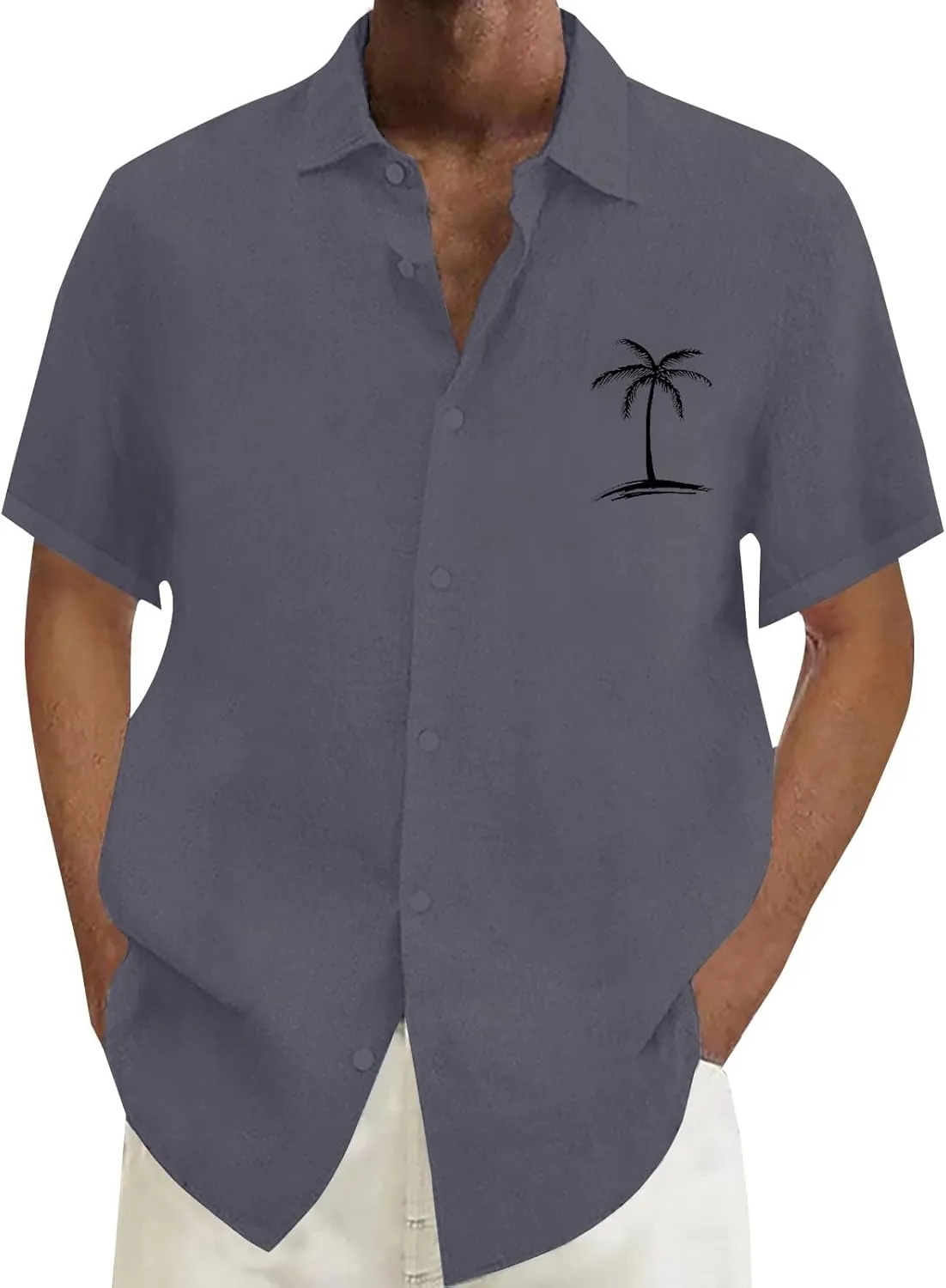 Beach Vacation Tshirts Mens Button Down Cotton Linen Guayabera T-Shirt Spread Collar Short Sleeve Summer Plain Tops