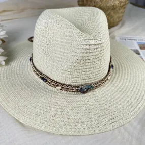 Beige Boho Chic Wide Brim Breathable Straw Sun Hat with Stylish Beaded Removable Hat Band- Provides Uv Protection and is Perfect For Beach & Casual Wear