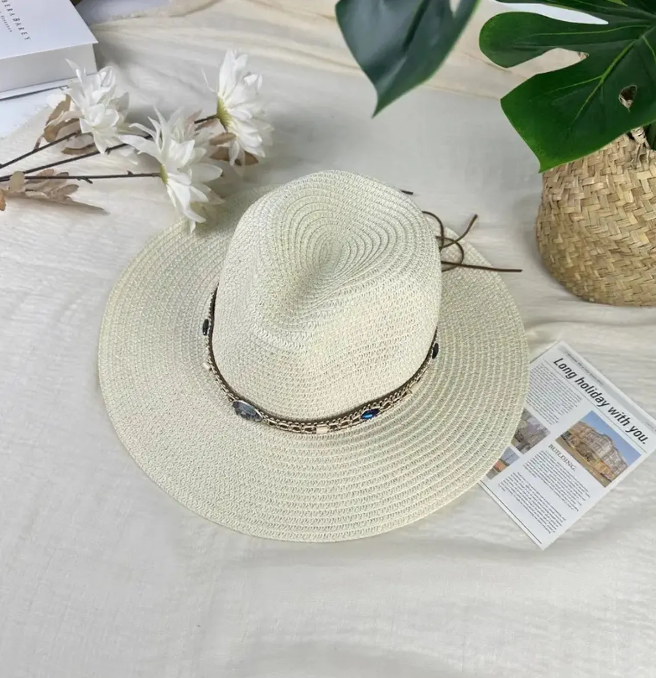 Beige Boho Chic Wide Brim Breathable Straw Sun Hat with Stylish Beaded Removable Hat Band- Provides Uv Protection and is Perfect For Beach & Casual Wear