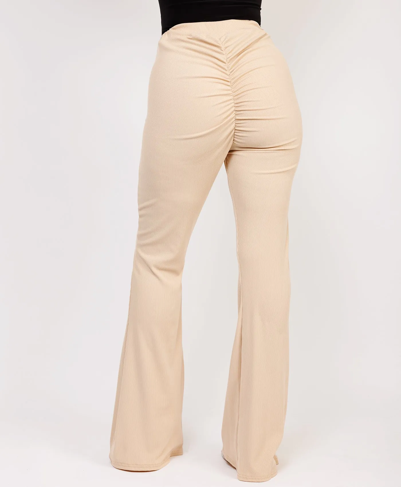 Beige Slinky Ribbed Ruched Flare Trousers