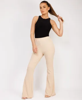 Beige Slinky Ribbed Ruched Flare Trousers