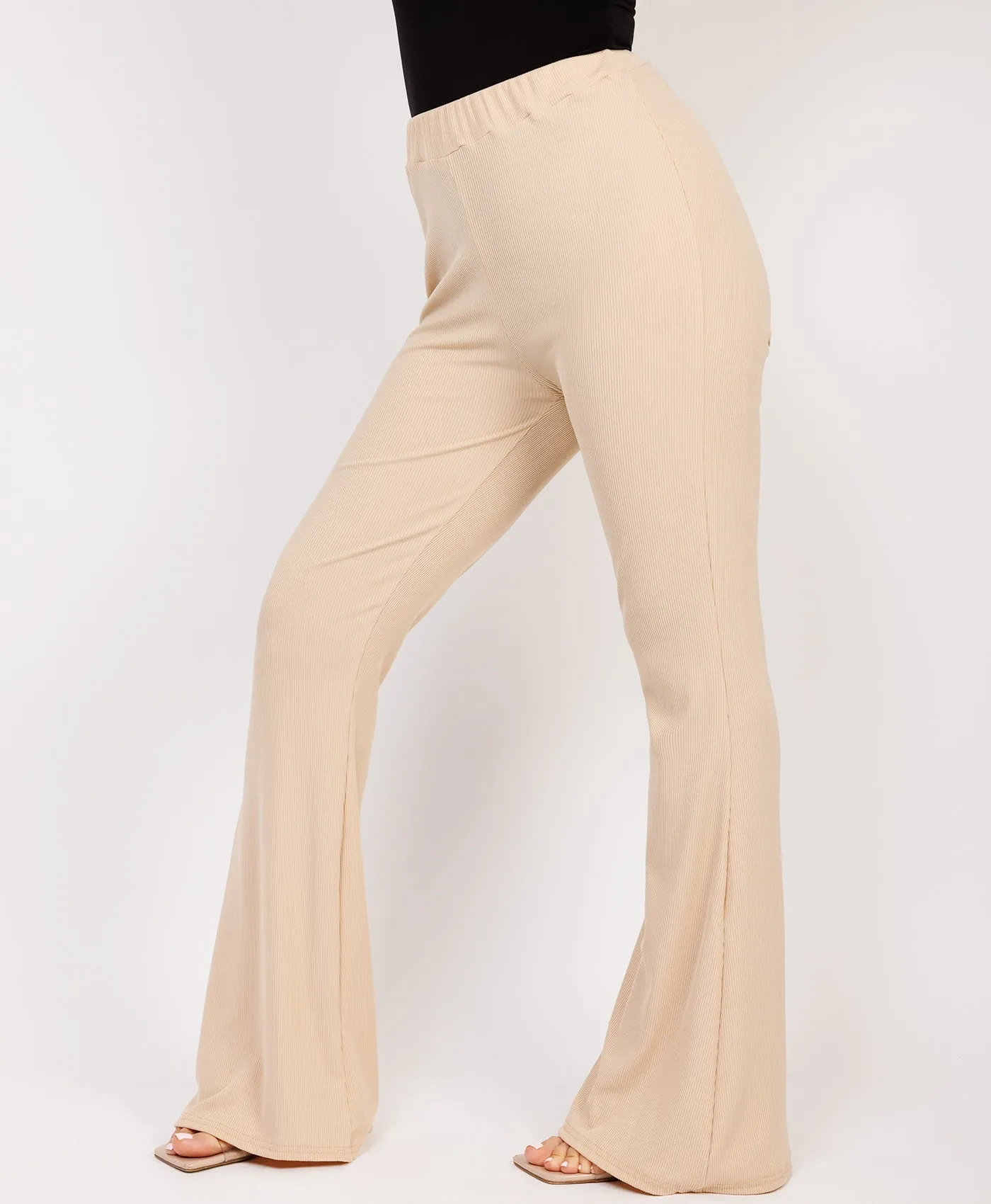 Beige Slinky Ribbed Ruched Flare Trousers