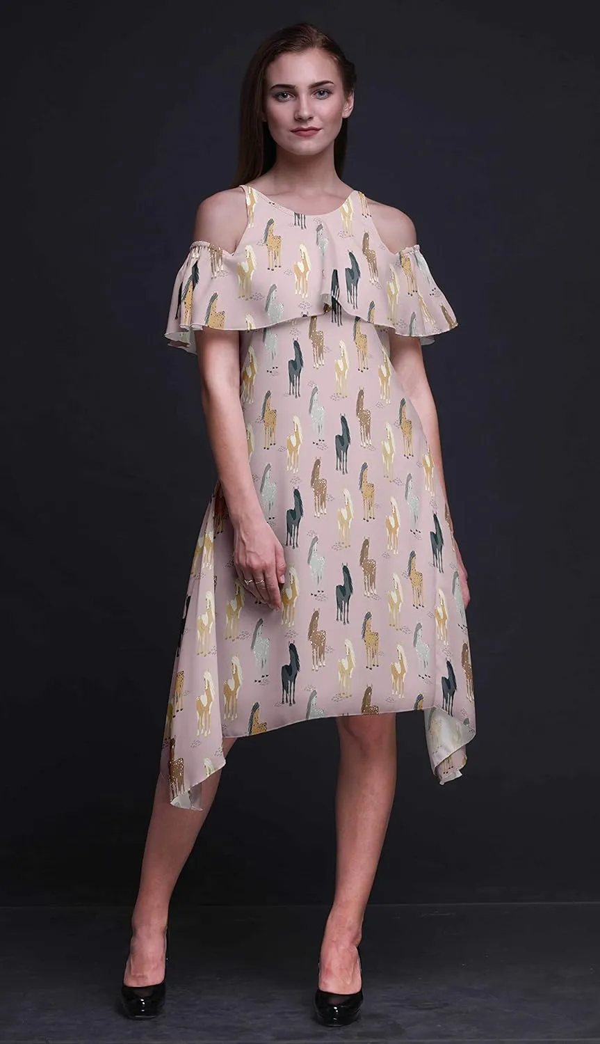 Bimba Butterfly Print Womens Chic Style Cold Shoulder Shift Dress Summer Tunic -Large