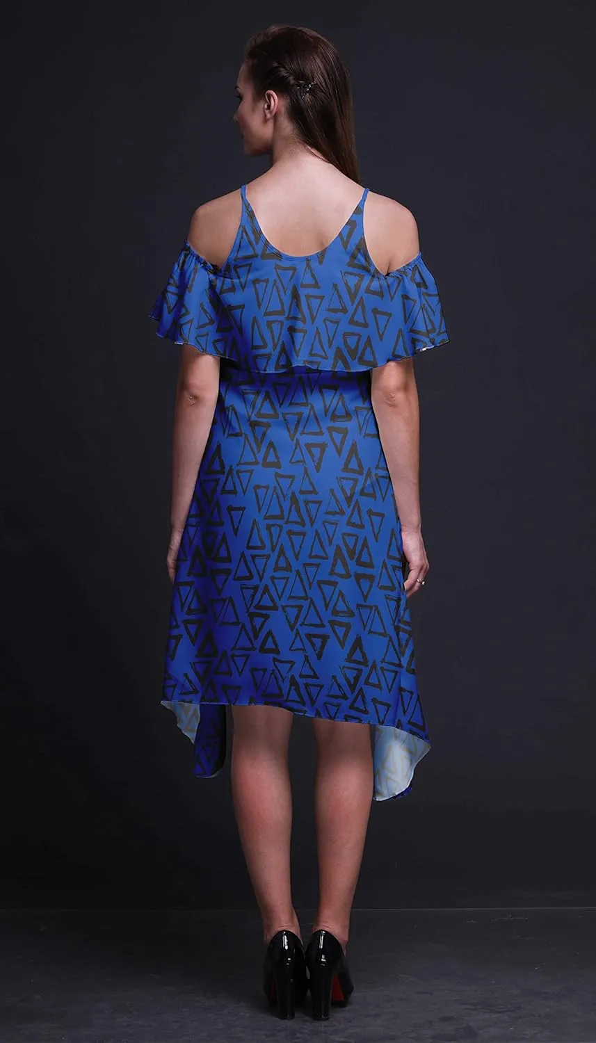 Bimba Moss Georgette Printed Womens Chic Style Cold Shoulder Tunic Party Knee Long Shift Dress