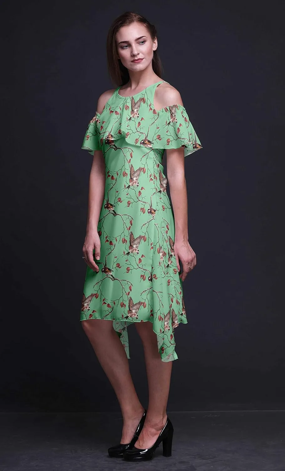 Bimba Moss Georgette Printed Womens Chic Style Cold Shoulder Tunic Party Knee Long Shift Dress