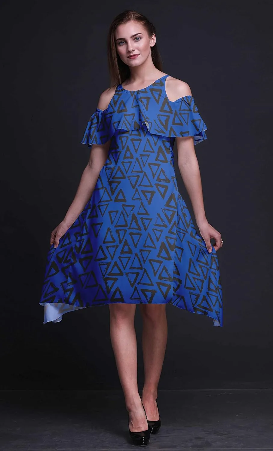 Bimba Moss Georgette Printed Womens Chic Style Cold Shoulder Tunic Party Knee Long Shift Dress