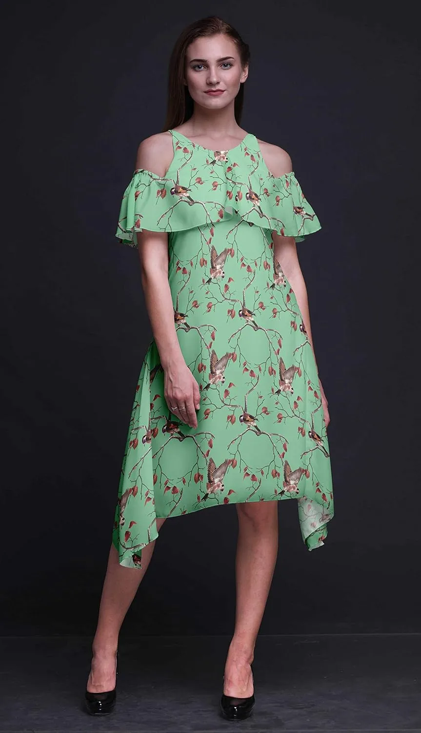 Bimba Moss Georgette Printed Womens Chic Style Cold Shoulder Tunic Party Knee Long Shift Dress