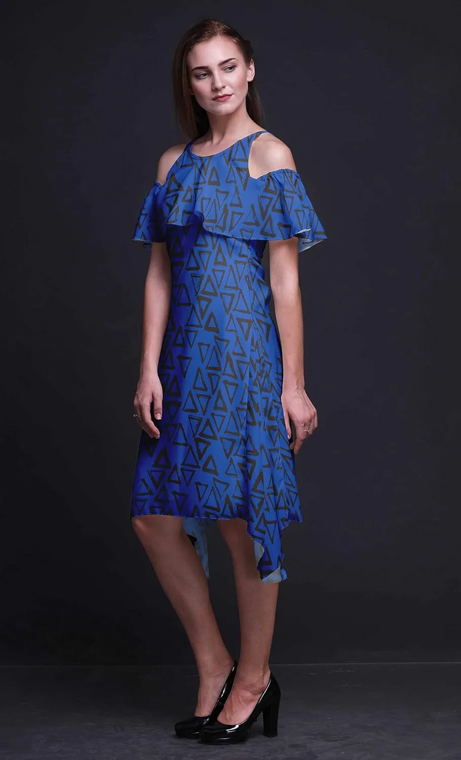 Bimba Moss Georgette Printed Womens Chic Style Cold Shoulder Tunic Party Knee Long Shift Dress