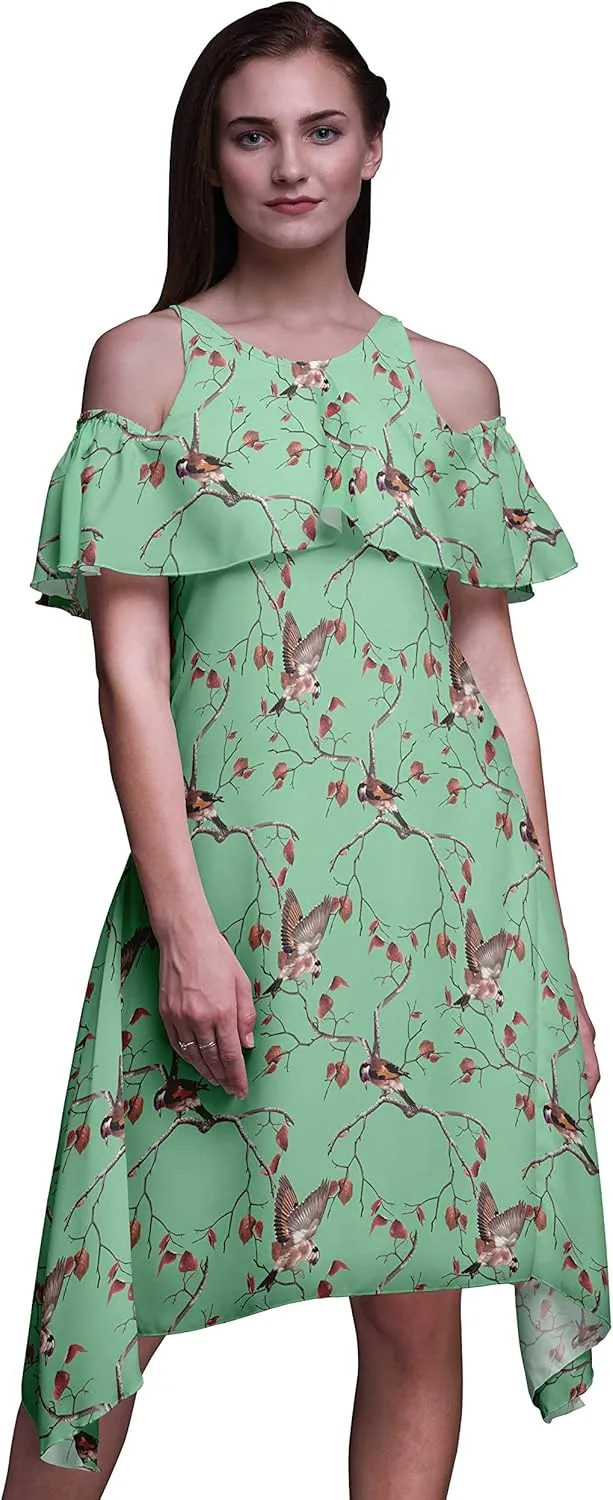 Bimba Moss Georgette Printed Womens Chic Style Cold Shoulder Tunic Party Knee Long Shift Dress