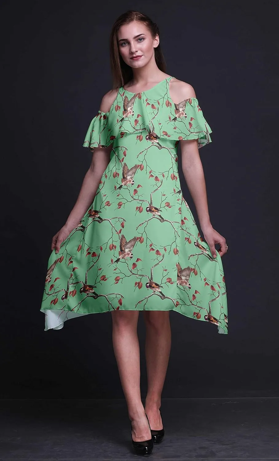 Bimba Moss Georgette Printed Womens Chic Style Cold Shoulder Tunic Party Knee Long Shift Dress