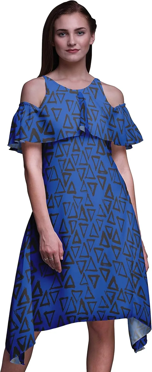 Bimba Moss Georgette Printed Womens Chic Style Cold Shoulder Tunic Party Knee Long Shift Dress