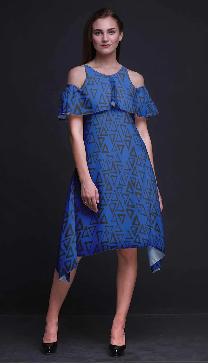 Bimba Moss Georgette Printed Womens Chic Style Cold Shoulder Tunic Party Knee Long Shift Dress