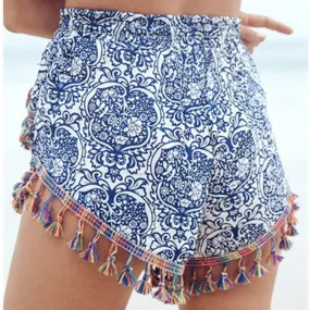 Bohemian Floral Print Eyelash Tassels Women's Beach Shorts