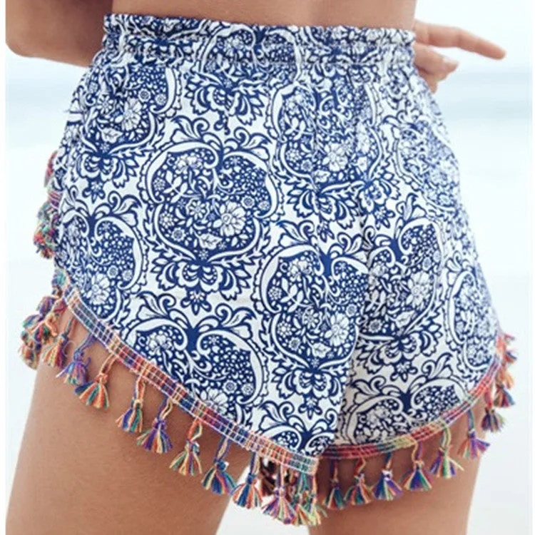 Bohemian Floral Print Eyelash Tassels Women's Beach Shorts