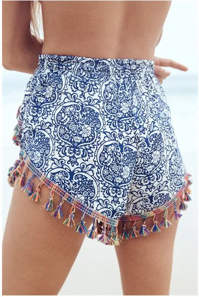 Bohemian Floral Print Eyelash Tassels Women's Beach Shorts