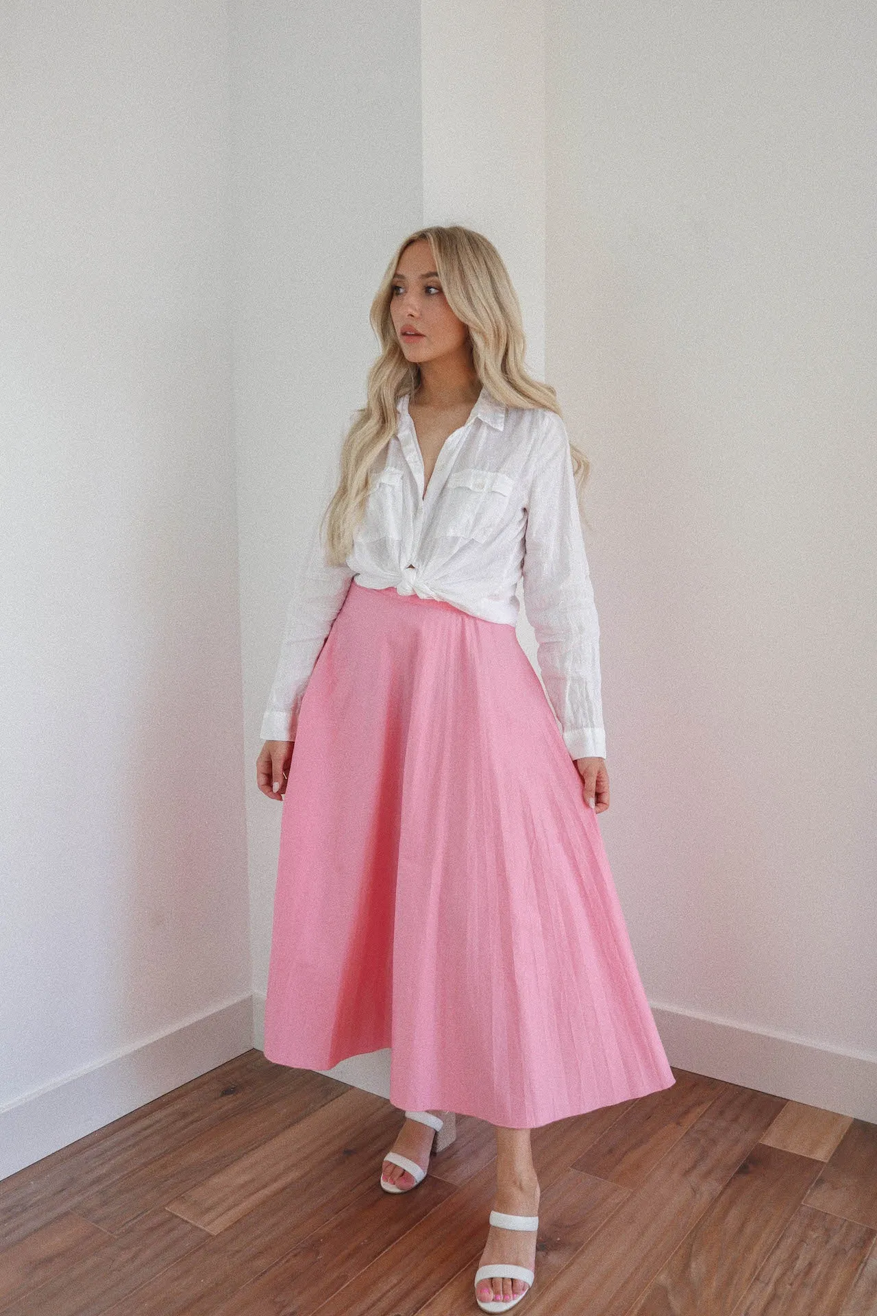 Bubblegum Pink Pleated Midi Skirt