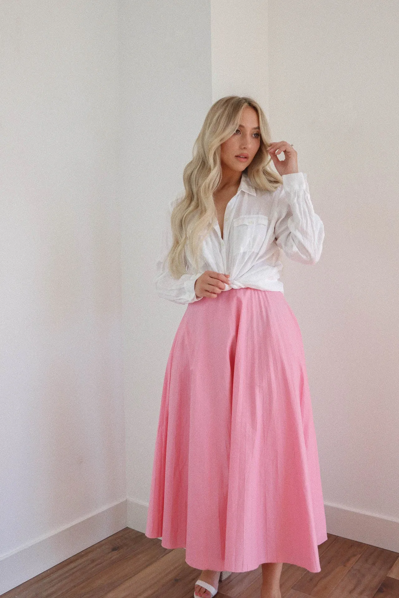 Bubblegum Pink Pleated Midi Skirt
