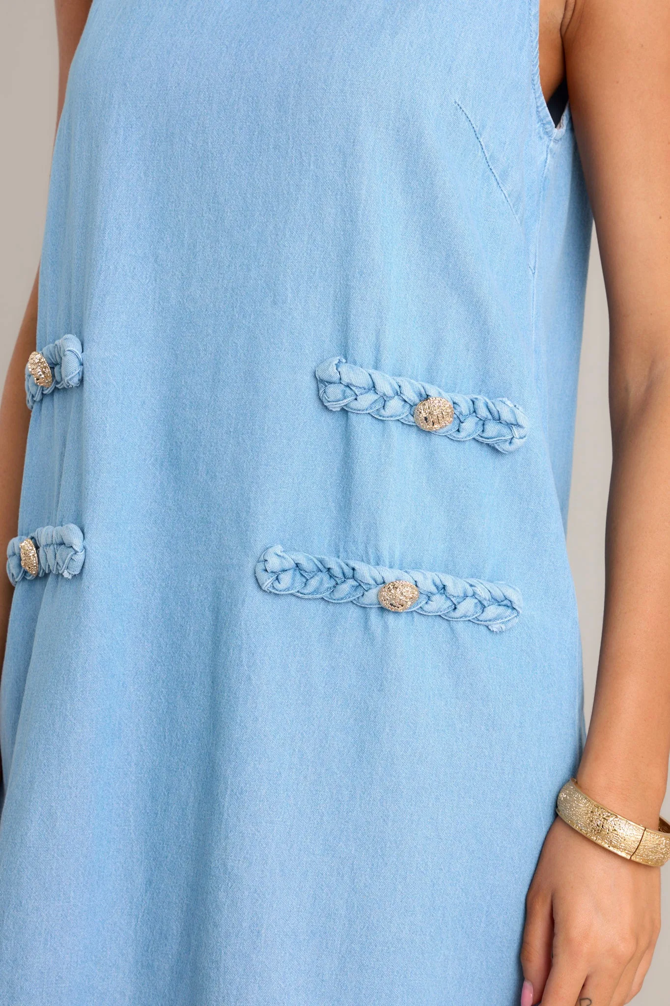 Chic Charm 100% Cotton Light Blue Chambray Mini Dress