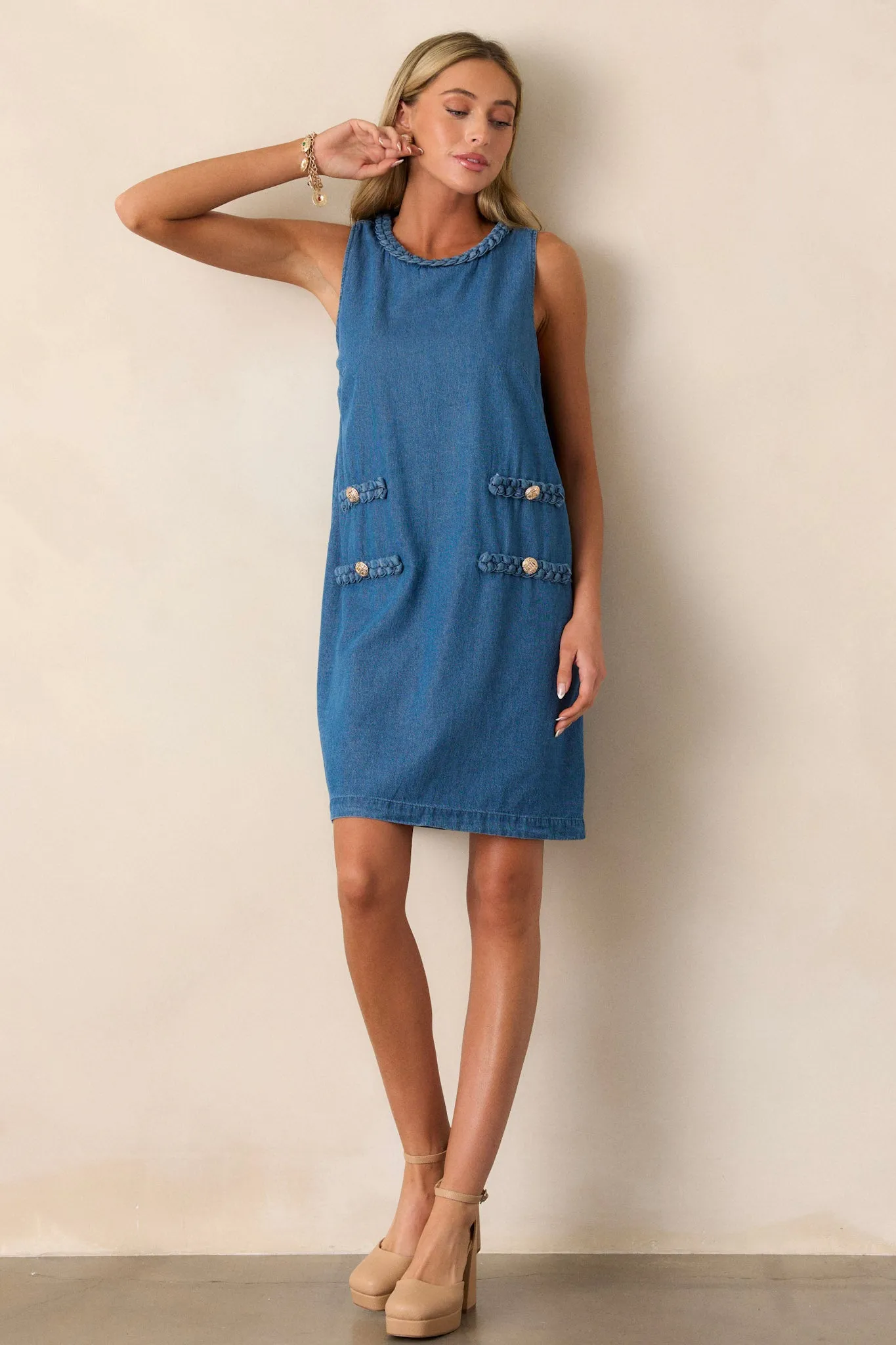 Chic Charm 100% Cotton Medium Wash Chambray Mini Dress