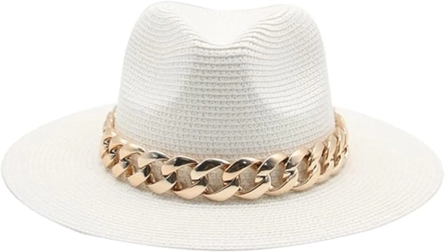 Chic Wide Brim Panama Fedora Straw Sun Hat with Gold Chain for Women Pool Beach Vacation Bachelorette