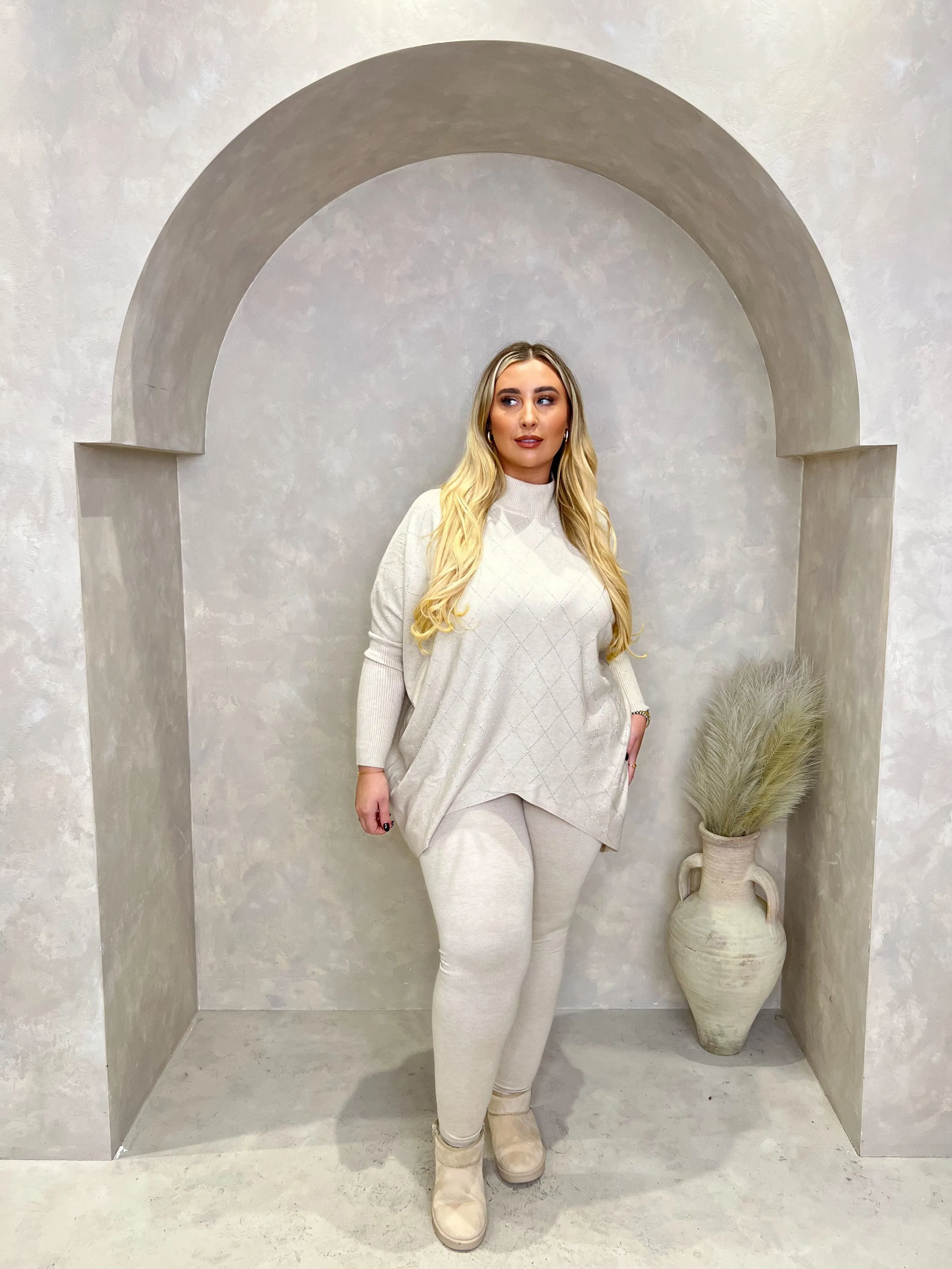 Curve Beige Diamond Embellished Oversize lounge set