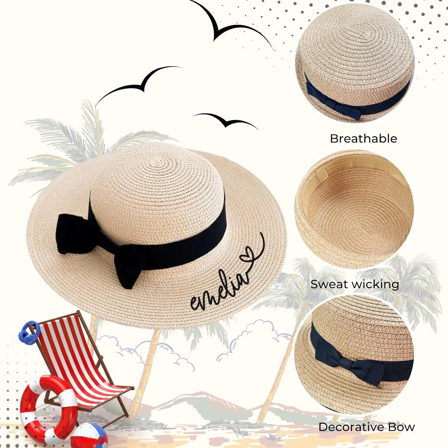 Custom Girls Straw Sun Hat with Bowknot, Personalized Name Summer Beach Cap, Outdoor Sun Protection Hat