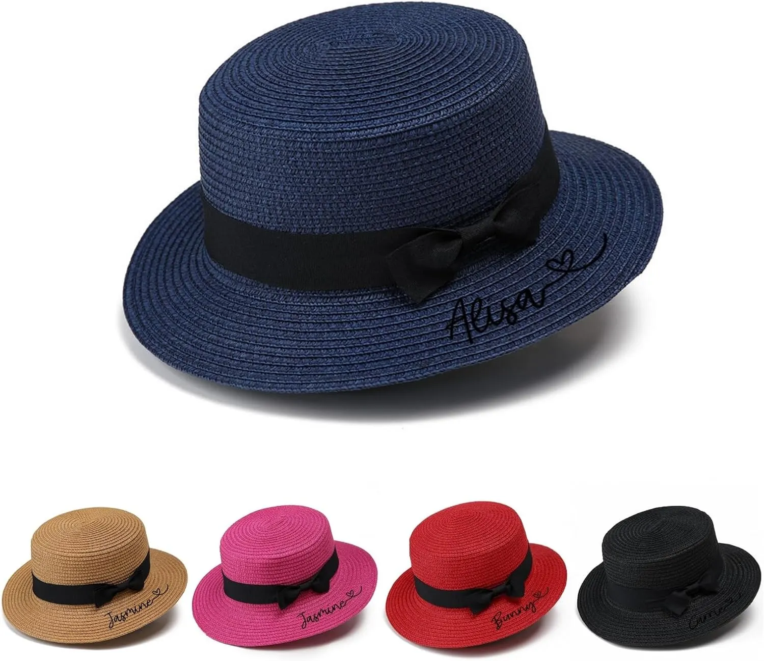 Custom Girls Straw Sun Hat with Bowknot, Personalized Name Summer Beach Cap, Outdoor Sun Protection Hat