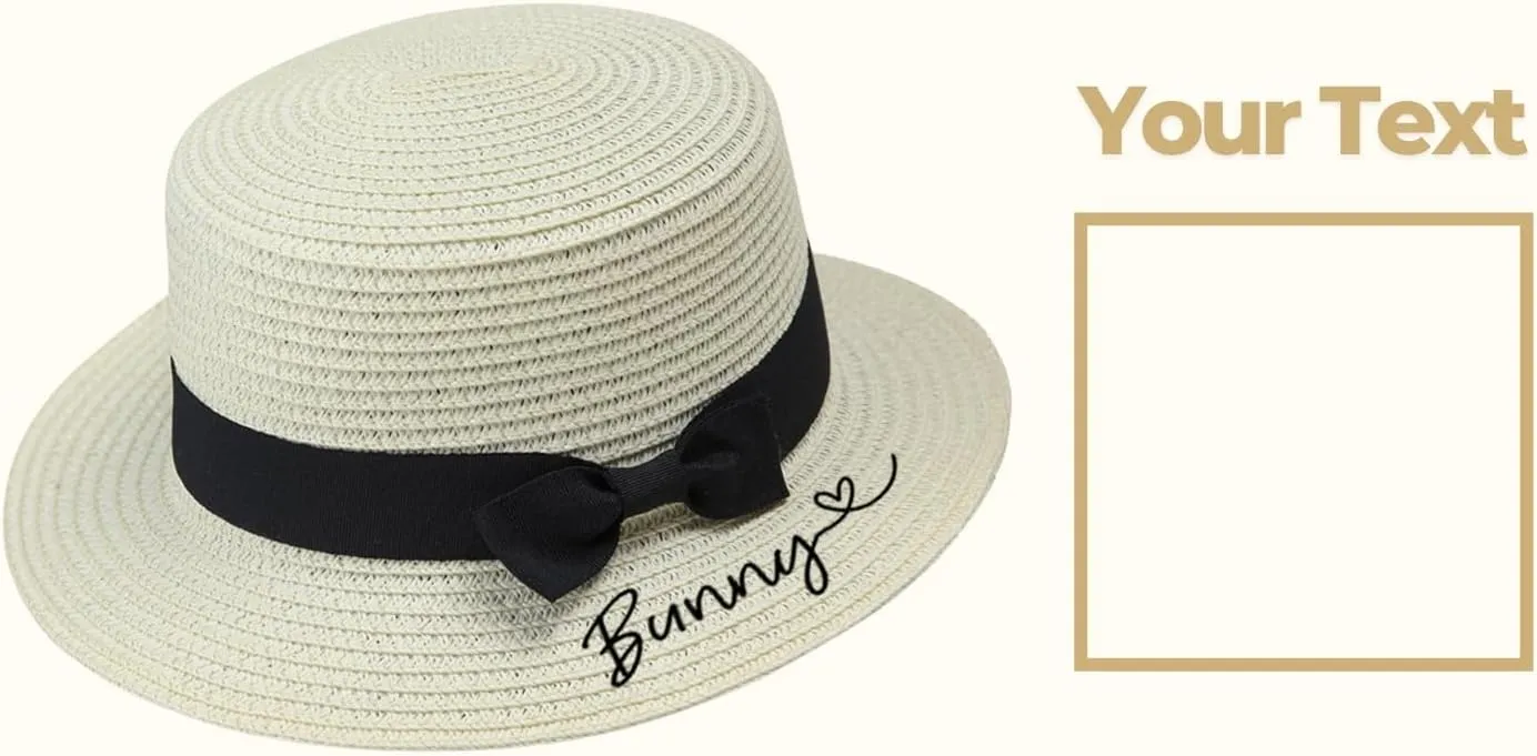 Custom Girls Straw Sun Hat with Bowknot, Personalized Name Summer Beach Cap, Outdoor Sun Protection Hat