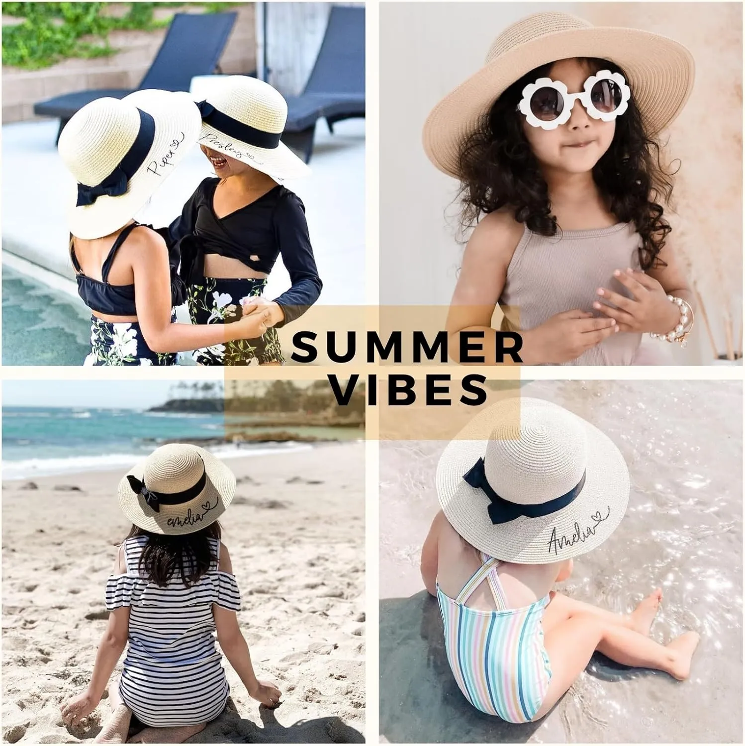 Custom Girls Straw Sun Hat with Bowknot, Personalized Name Summer Beach Cap, Outdoor Sun Protection Hat
