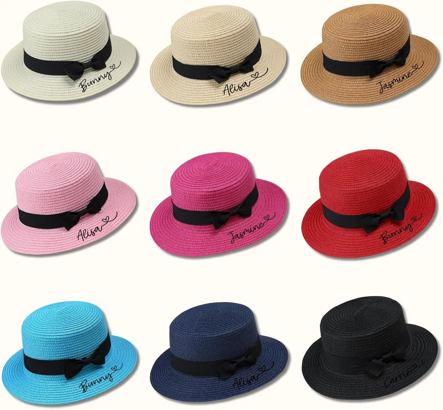 Custom Girls Straw Sun Hat with Bowknot, Personalized Name Summer Beach Cap, Outdoor Sun Protection Hat