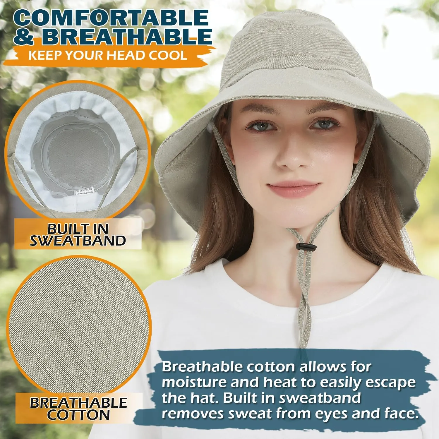 EINSKEY Women's Sun Hat with Neck Flap, UPF 50  UV Protection Wide Brim Packable Cotton Hat for Fishing Hiking Garden Beach