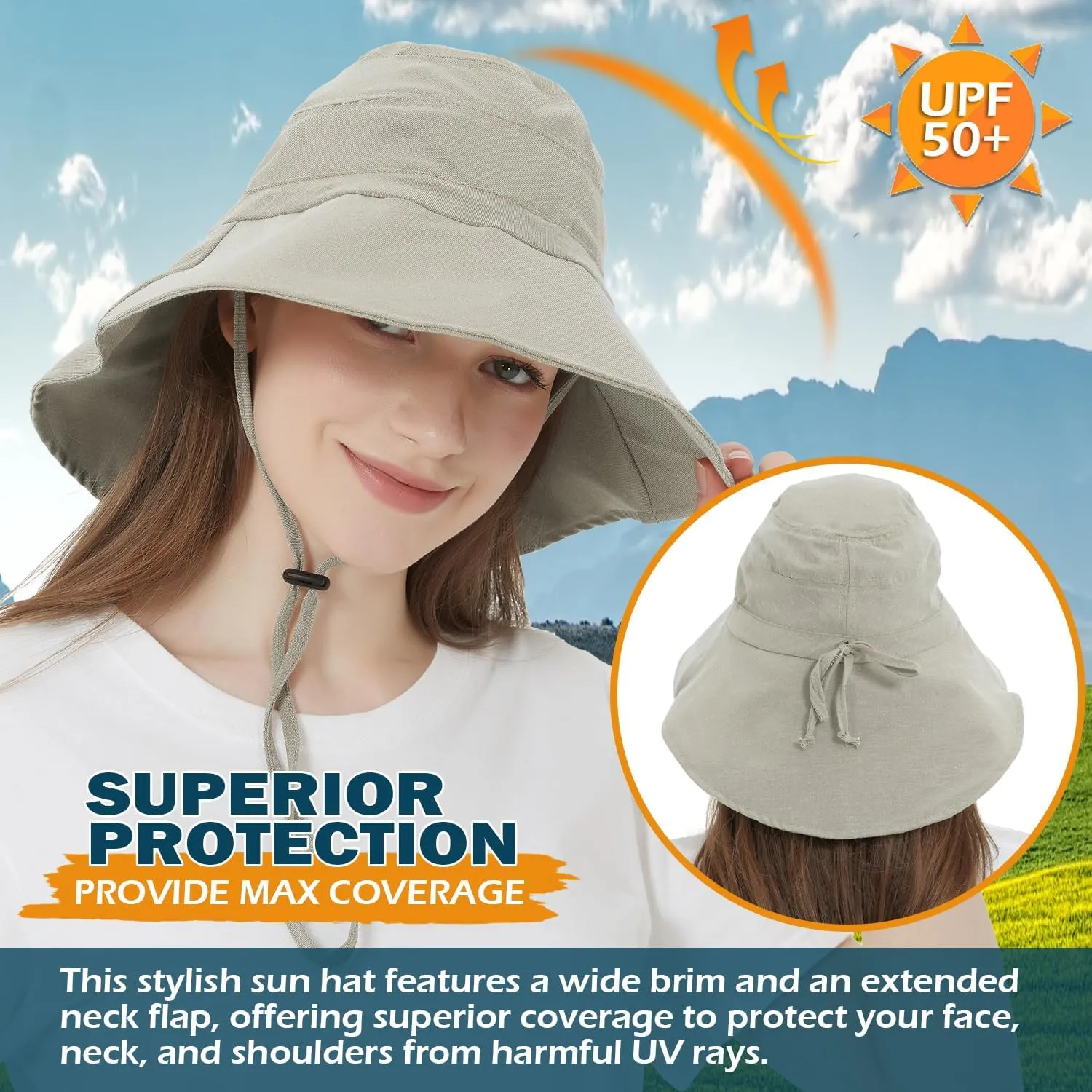 EINSKEY Women's Sun Hat with Neck Flap, UPF 50  UV Protection Wide Brim Packable Cotton Hat for Fishing Hiking Garden Beach