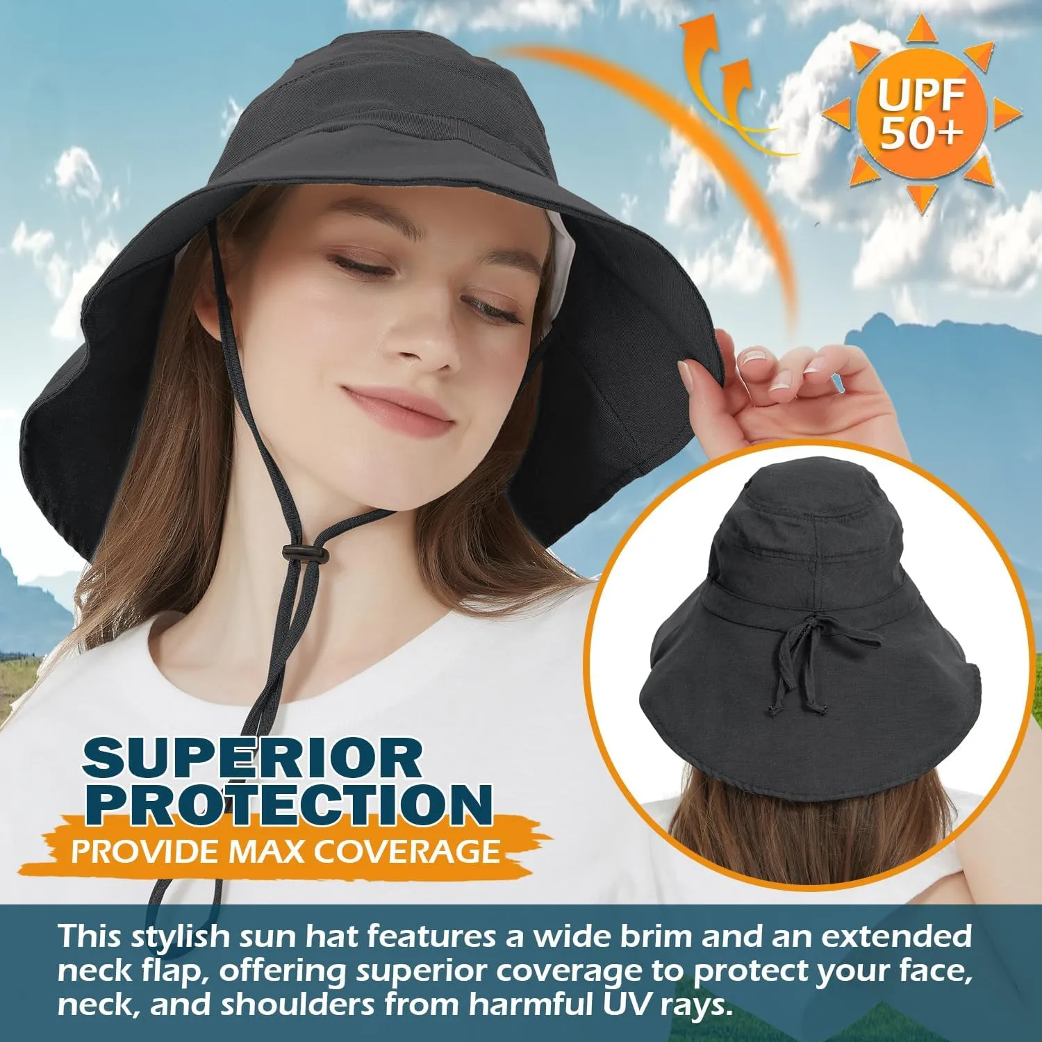EINSKEY Women's Sun Hat with Neck Flap, UPF 50  UV Protection Wide Brim Packable Cotton Hat for Fishing Hiking Garden Beach
