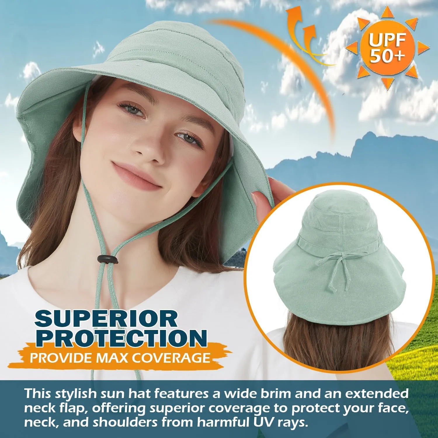 EINSKEY Women's Sun Hat with Neck Flap, UPF 50  UV Protection Wide Brim Packable Cotton Hat for Fishing Hiking Garden Beach