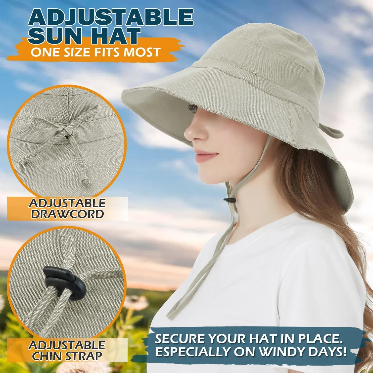 EINSKEY Women's Sun Hat with Neck Flap, UPF 50  UV Protection Wide Brim Packable Cotton Hat for Fishing Hiking Garden Beach