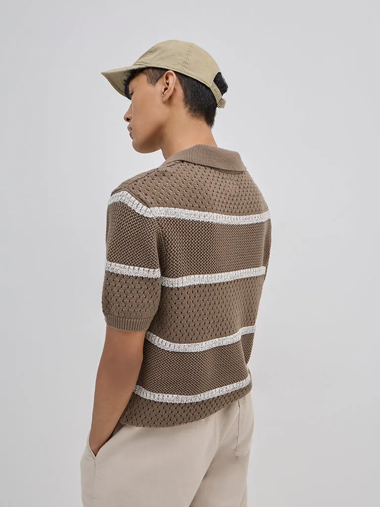ETA Brown Striped Knitted Relaxed-Fit Cotton-Blend Sweater